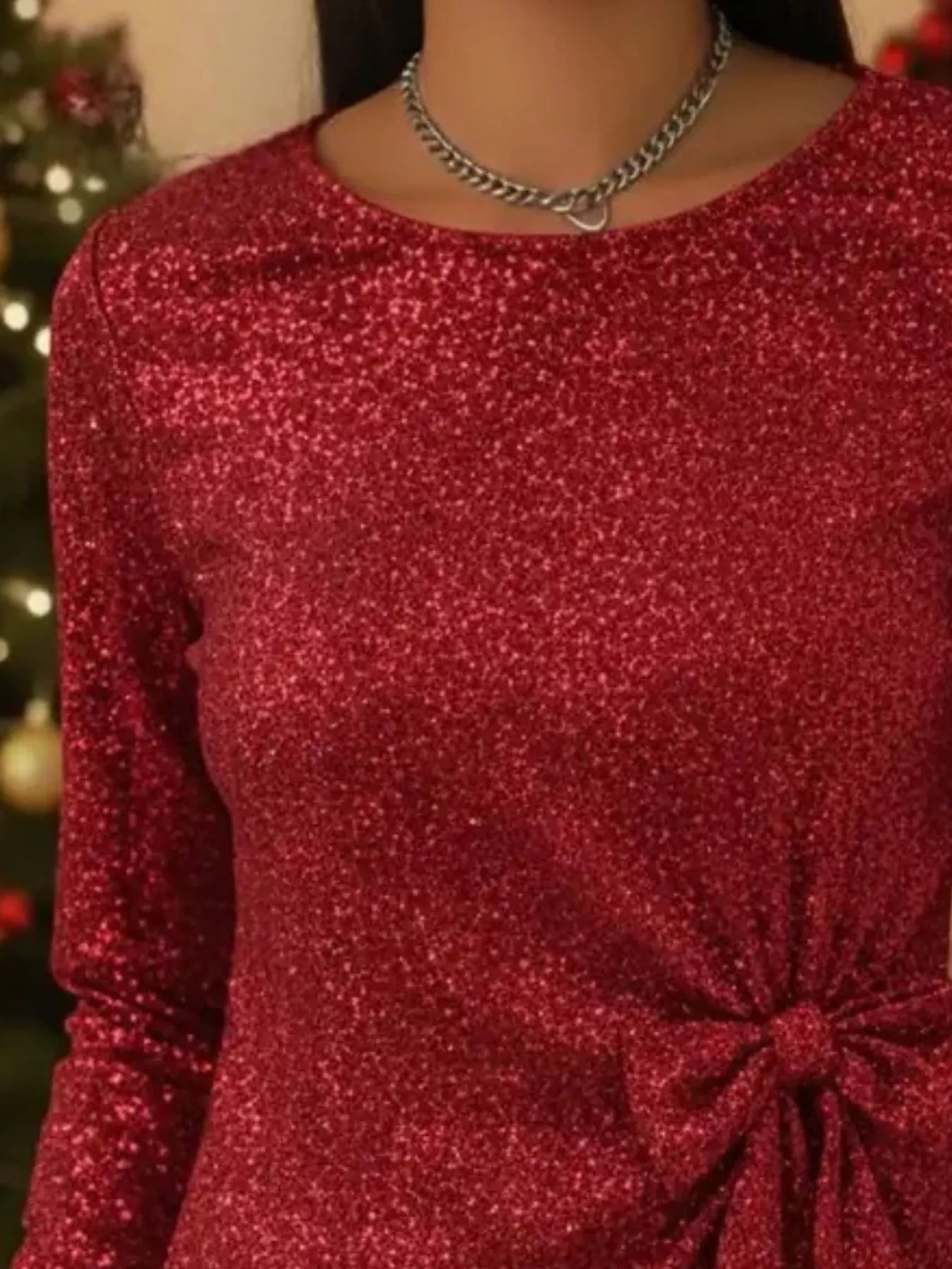 Full Size Sequin Bow-Knot Long Sleeve Top Plus