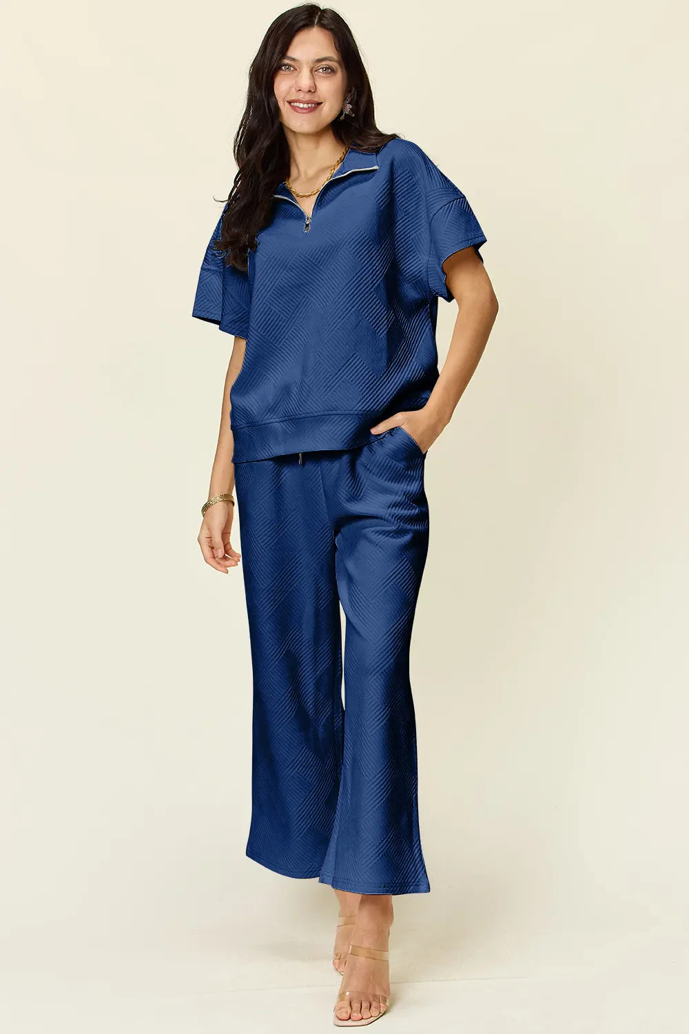 Double Take Full Size Texture Half Zip Short