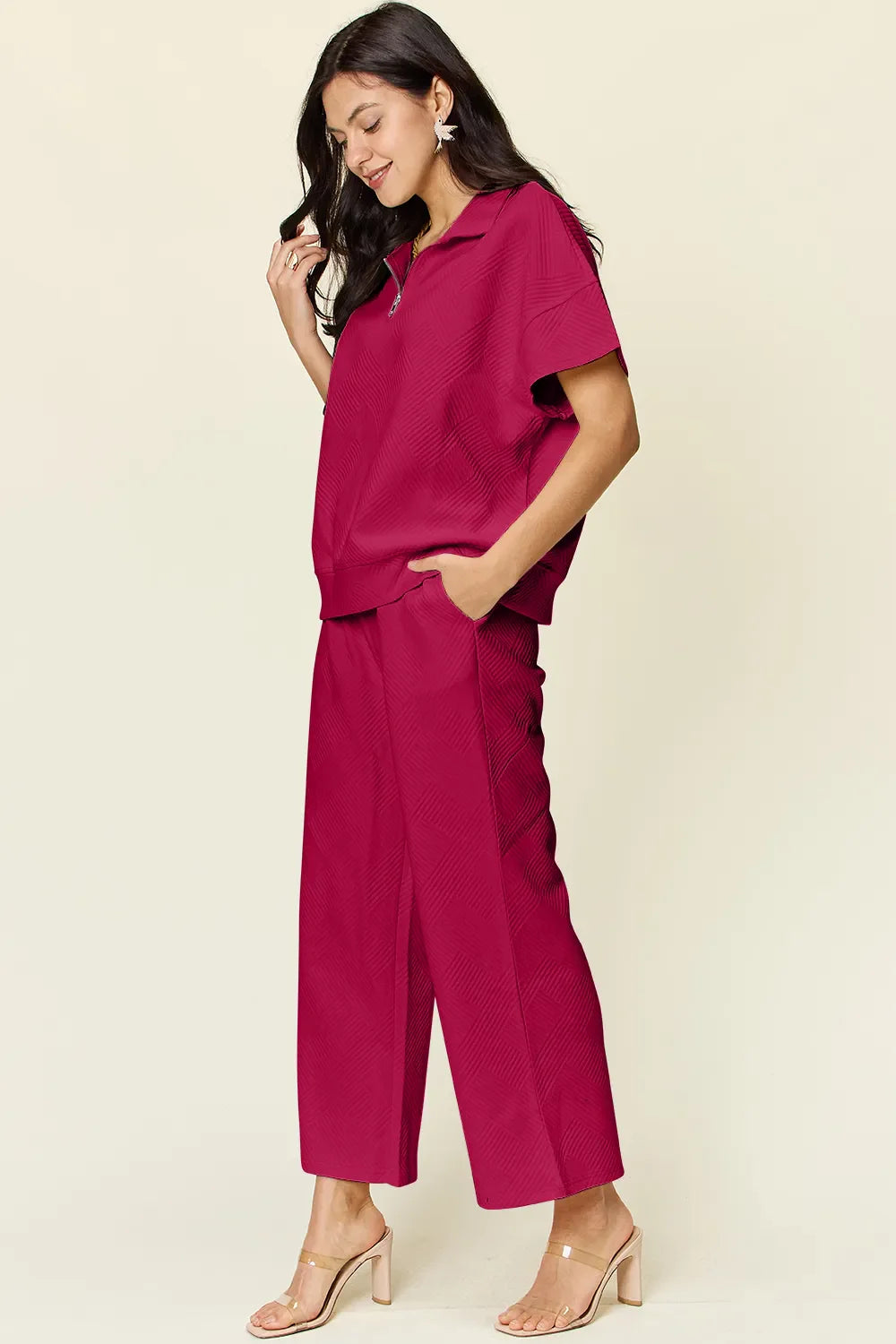 Double Take Full Size Texture Half Zip Short