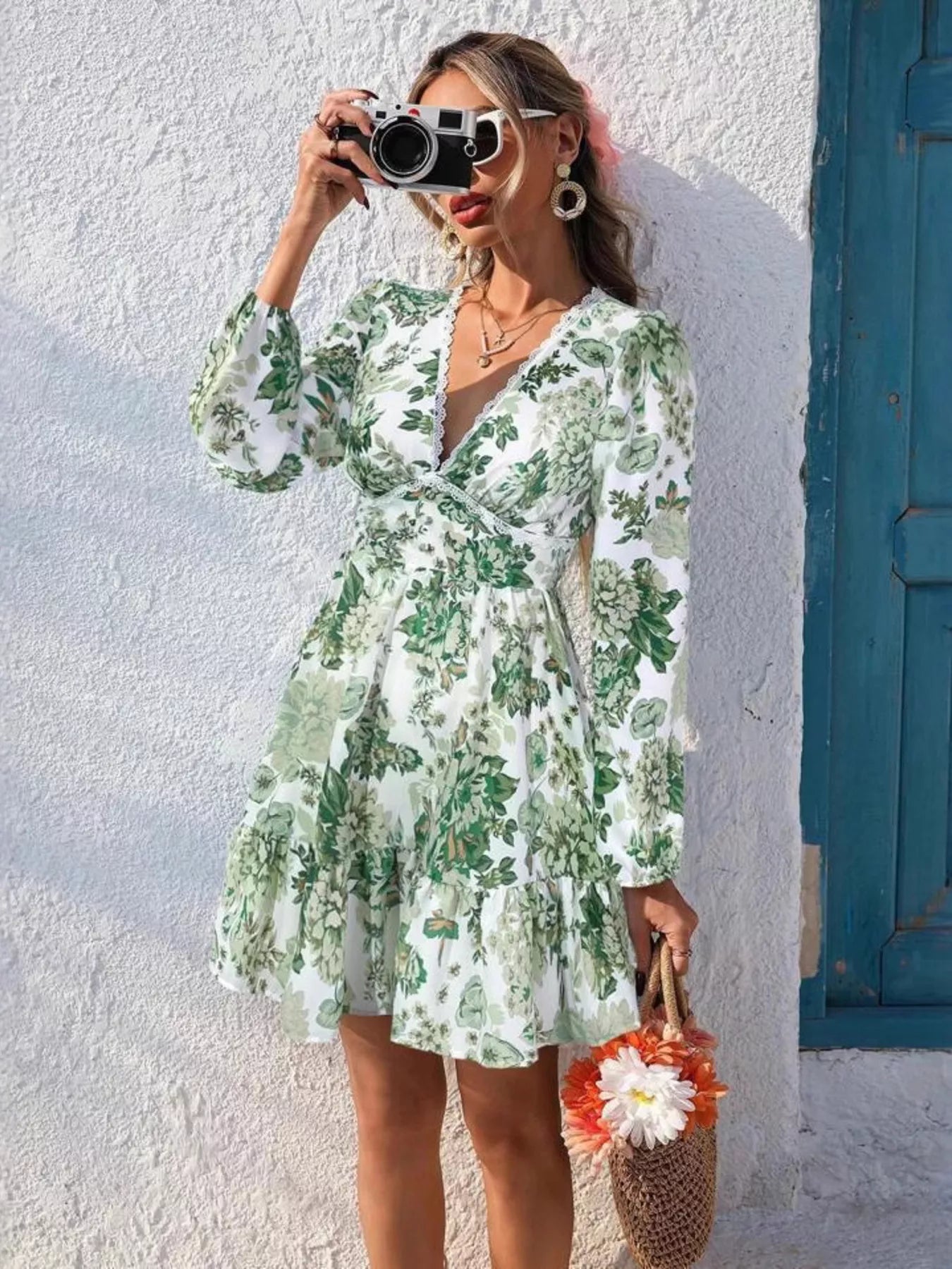 Full Size Floral Print V-Neck Long Sleeve Ruffle