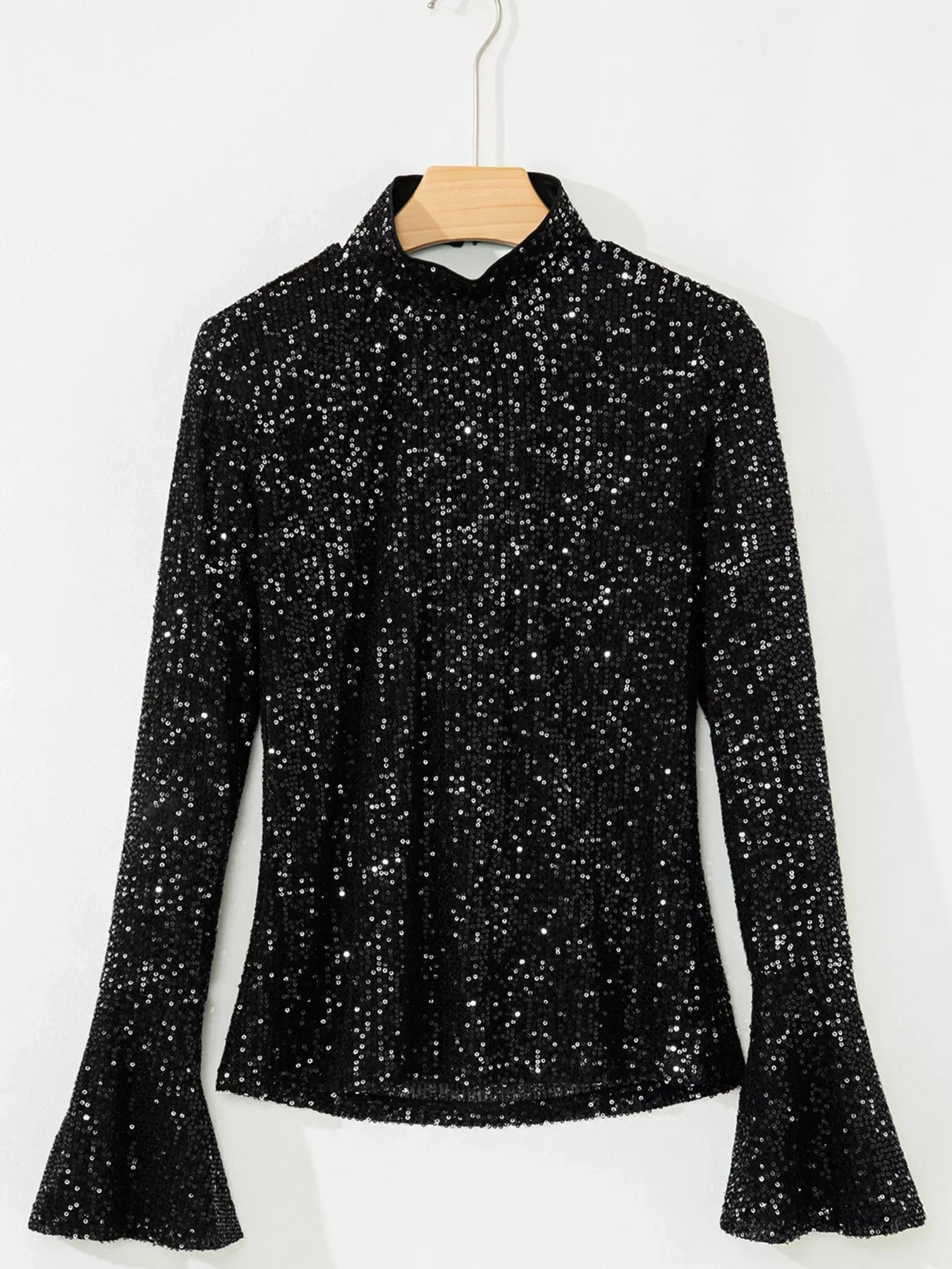 Sequin Mock Neck Drape Open Back Bell Sleeve