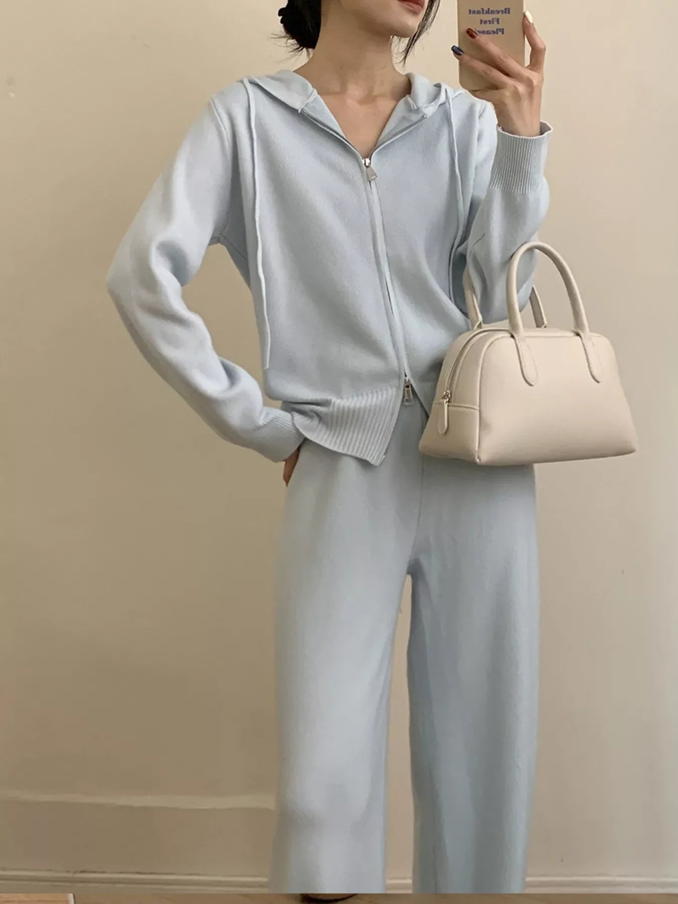 Zip Up Cardigan and Drawstring Wide Leg Pants