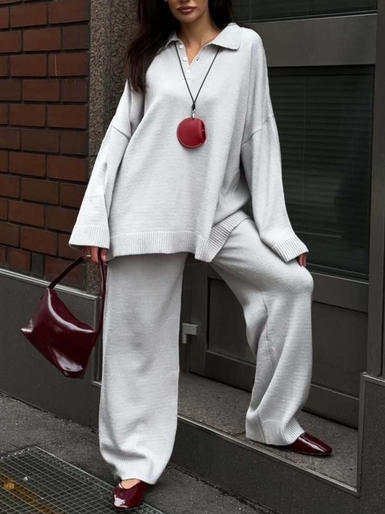 Polo Collar Top and Wide Leg Pants Knit