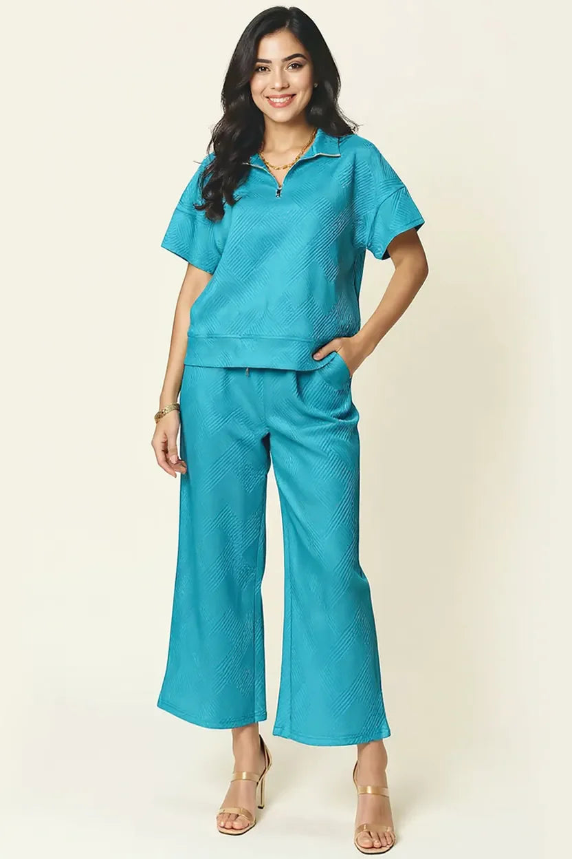 Double Take Full Size Texture Half Zip Short