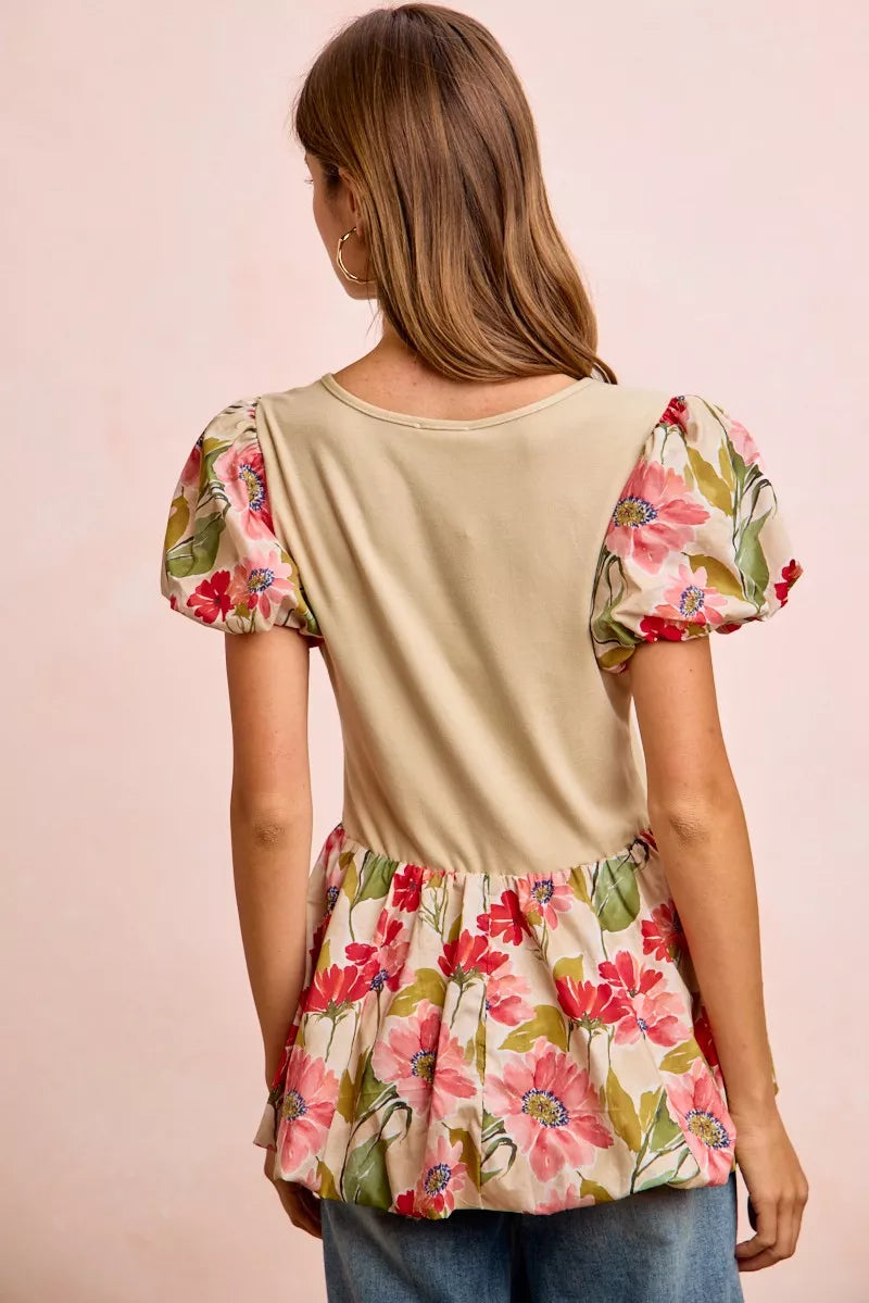 BiBi Floral Printed Bubble Sleeves and Hem Peplum