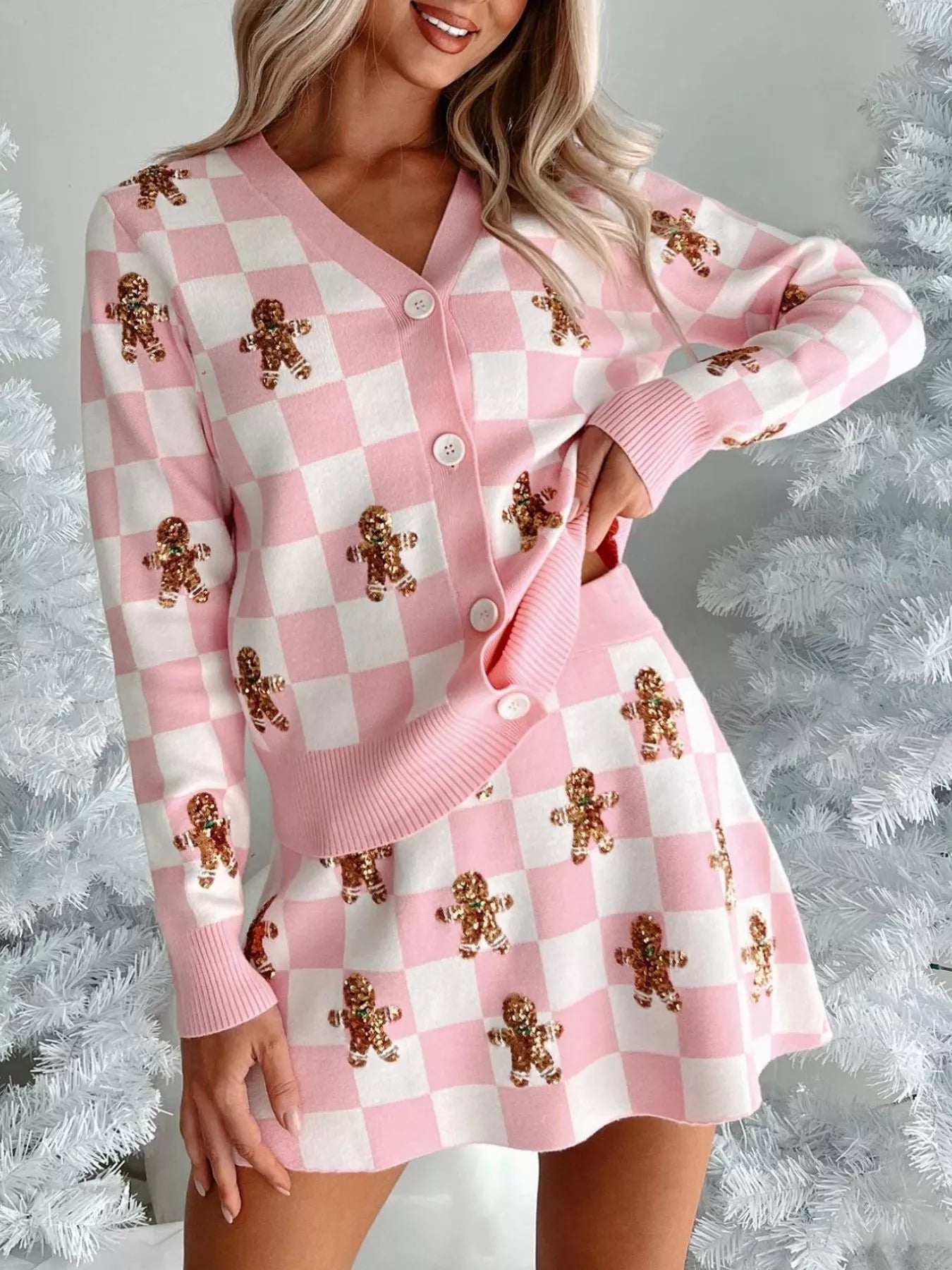 Gingerbread Checkered Cardigan and Skirt Sweater Set