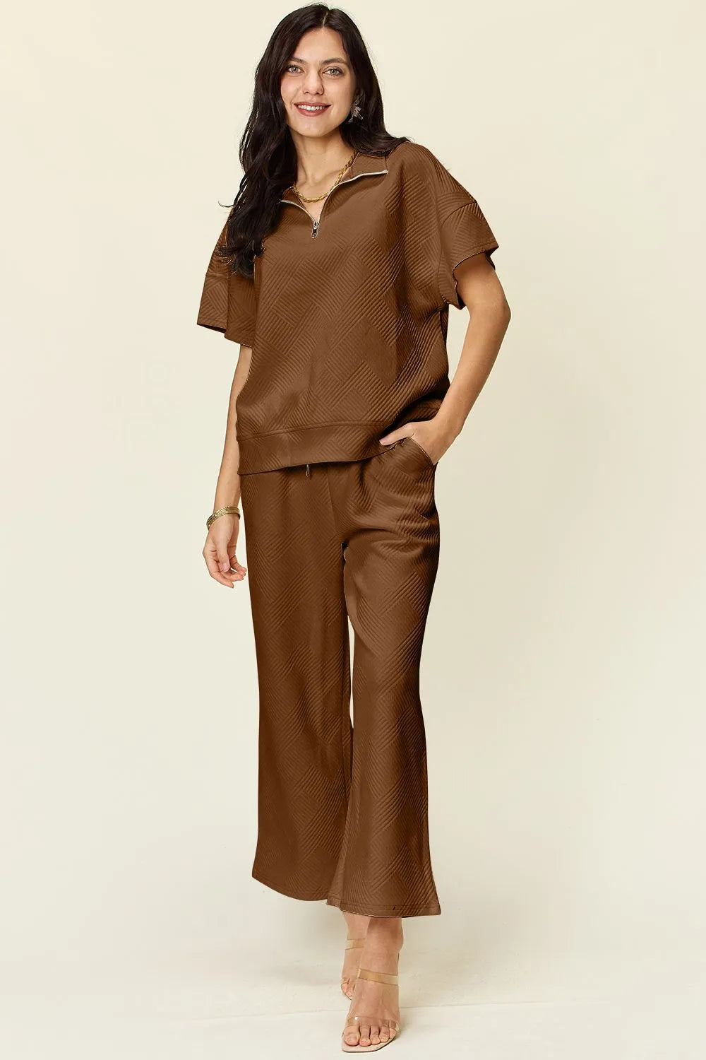 Double Take Full Size Texture Half Zip Short