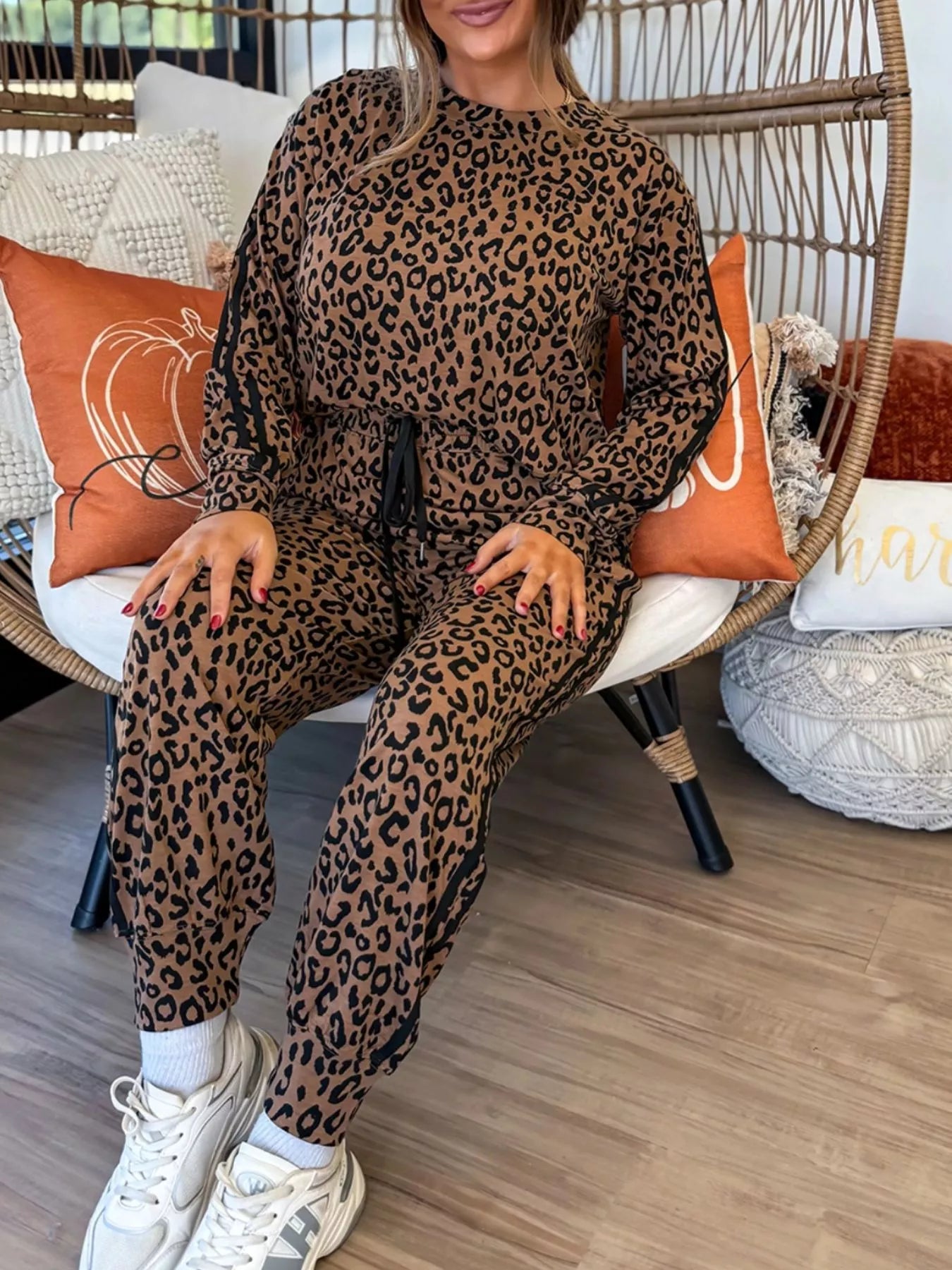 Striped Trim Leopard Long Sleeve Top Drawstring Pant