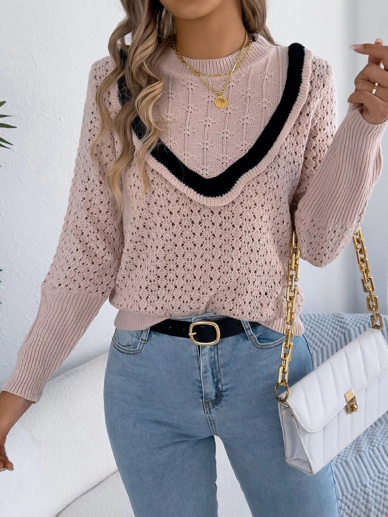 Hollow-Out Knit Top with Contrast Trim