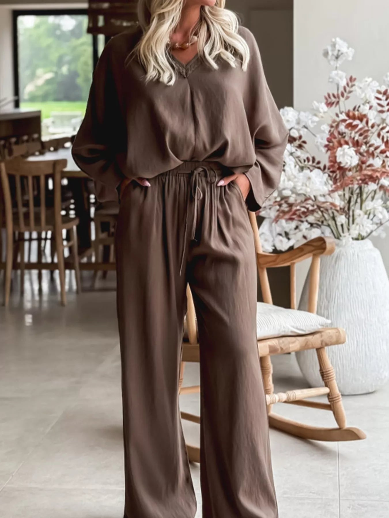 Braided V Neck Long Sleeve Loose Top and