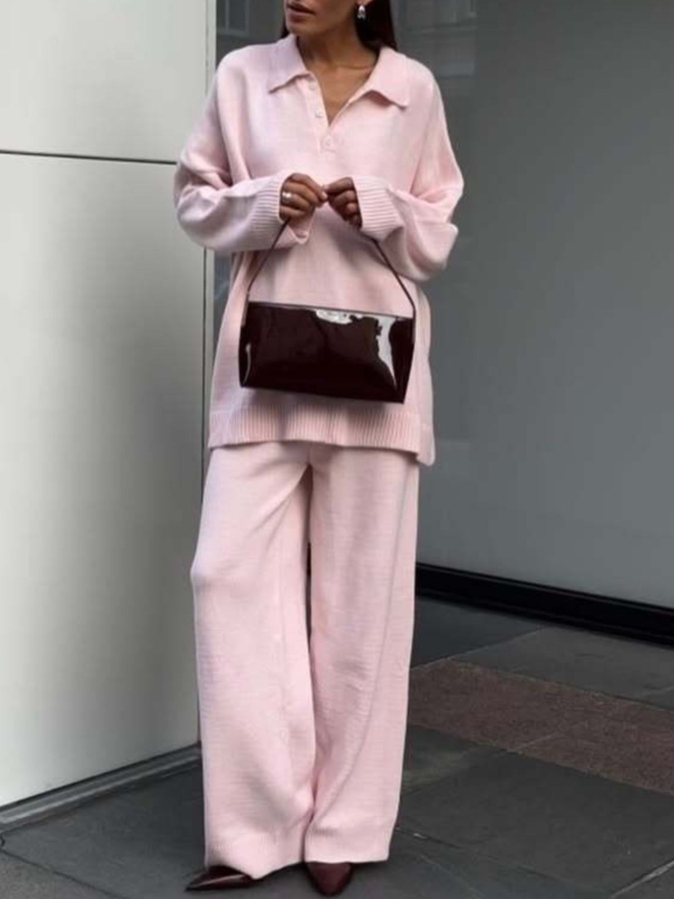 Polo Collar Top and Wide Leg Pants Knit