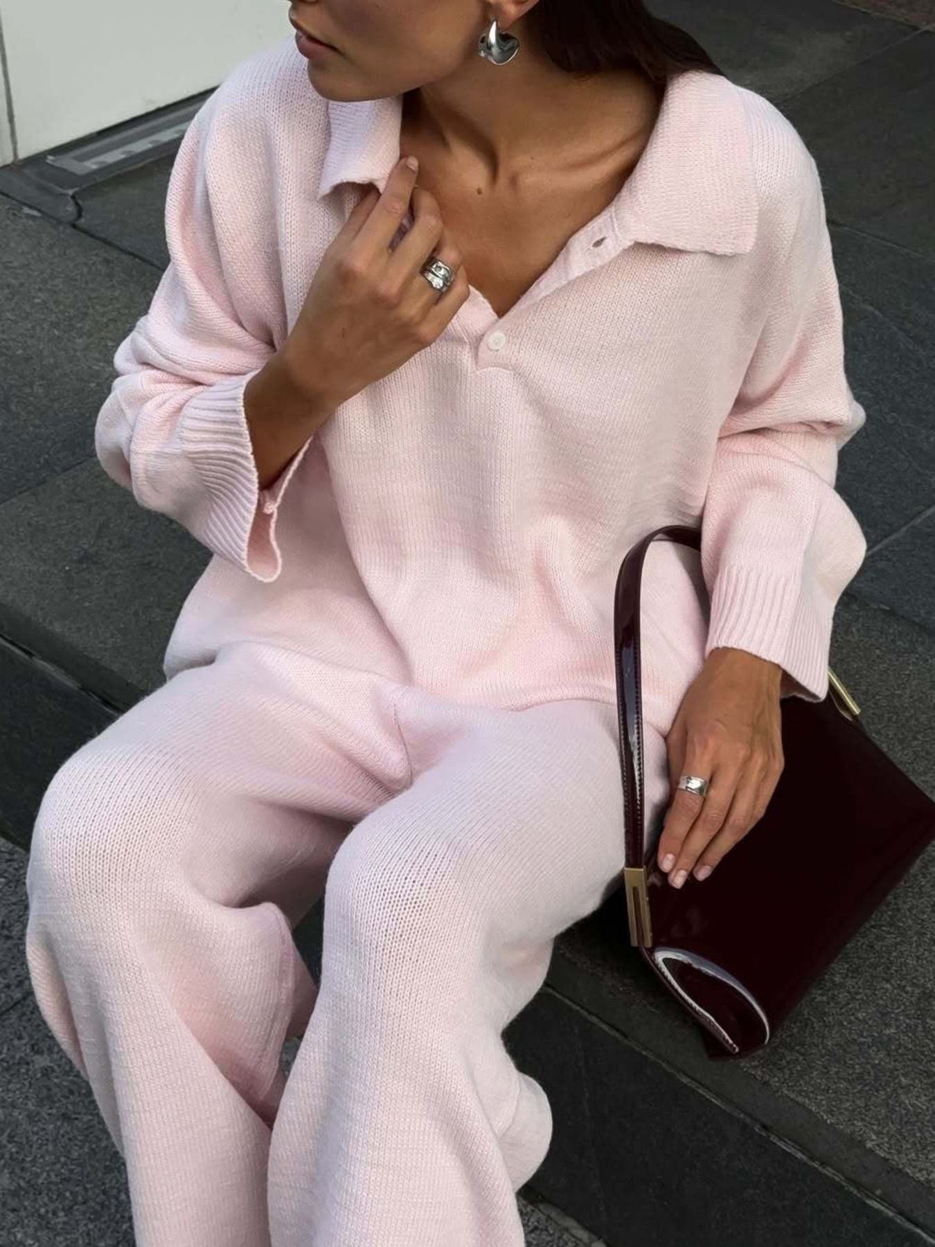 Polo Collar Top and Wide Leg Pants Knit