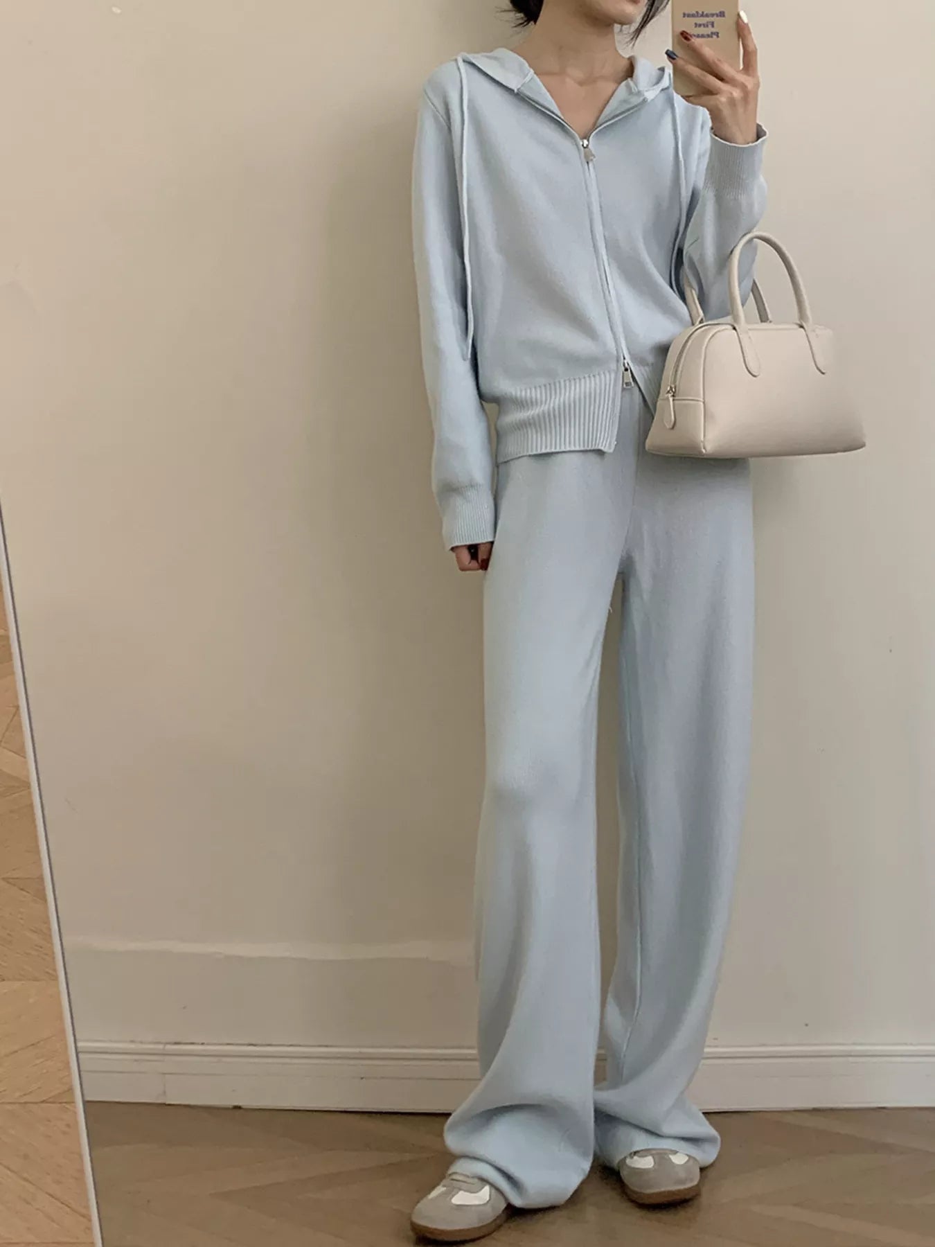 Zip Up Cardigan and Drawstring Wide Leg Pants