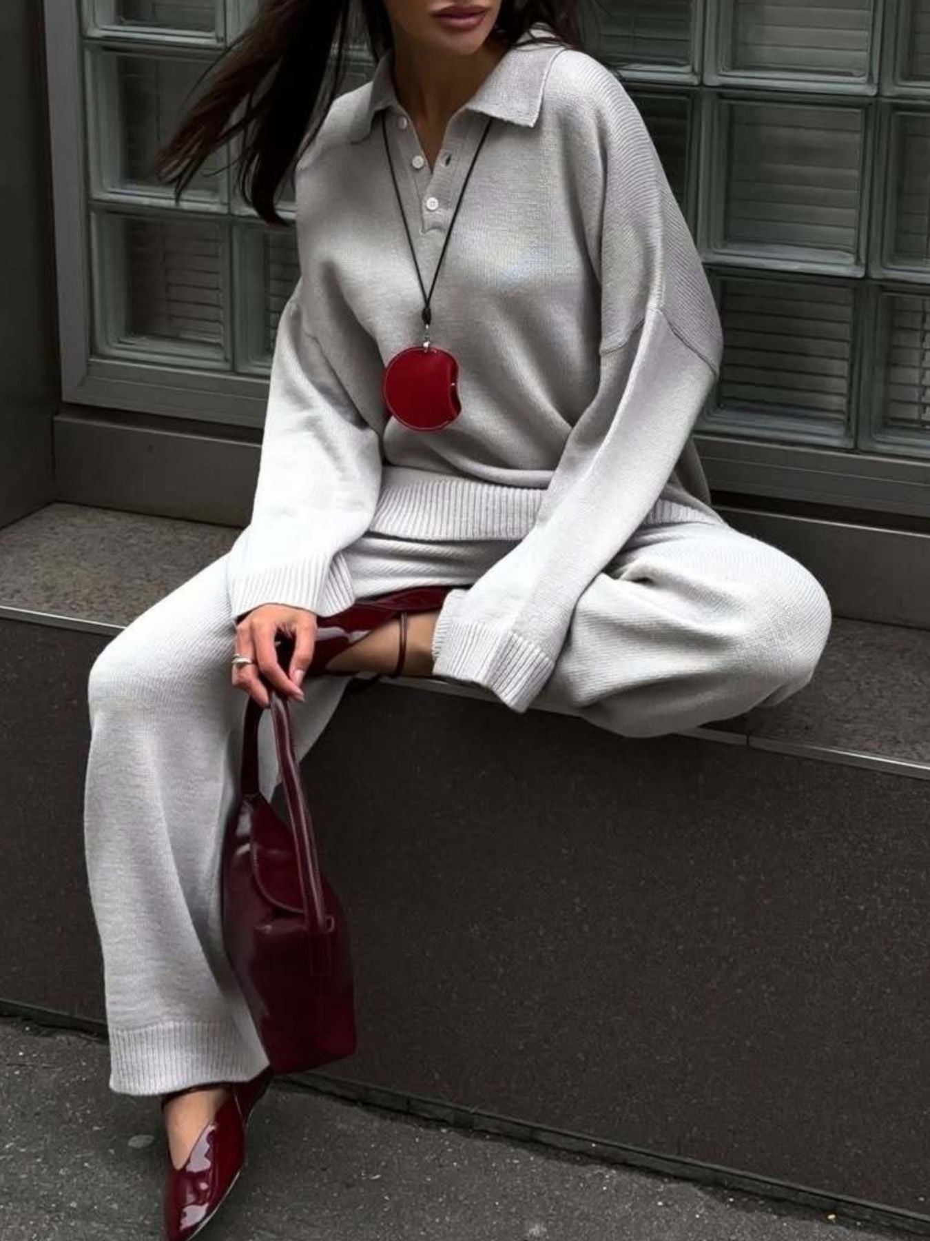 Polo Collar Top and Wide Leg Pants Knit