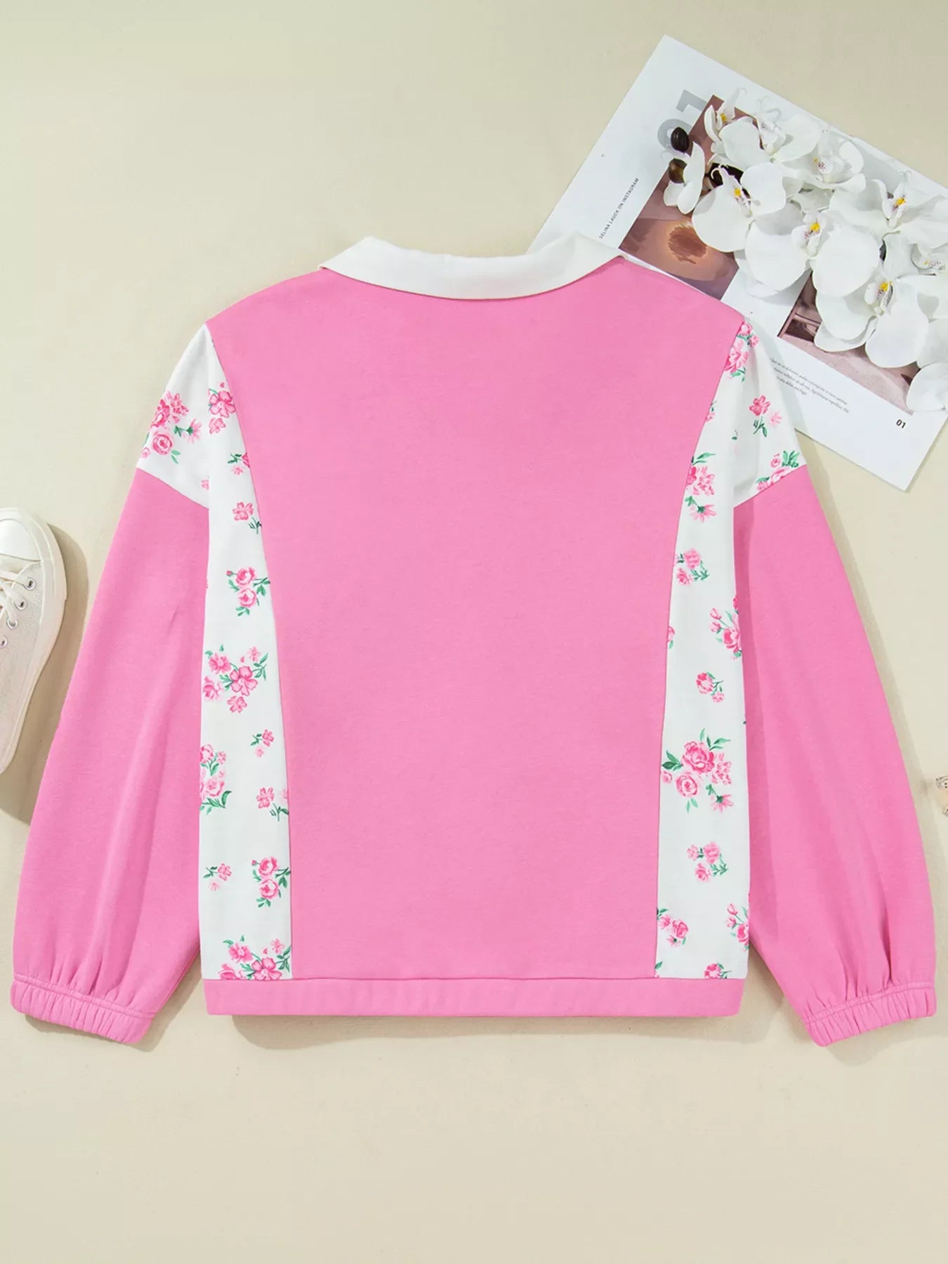 Plus Size Contrast Polo Collar Floral Patchwork Elastic