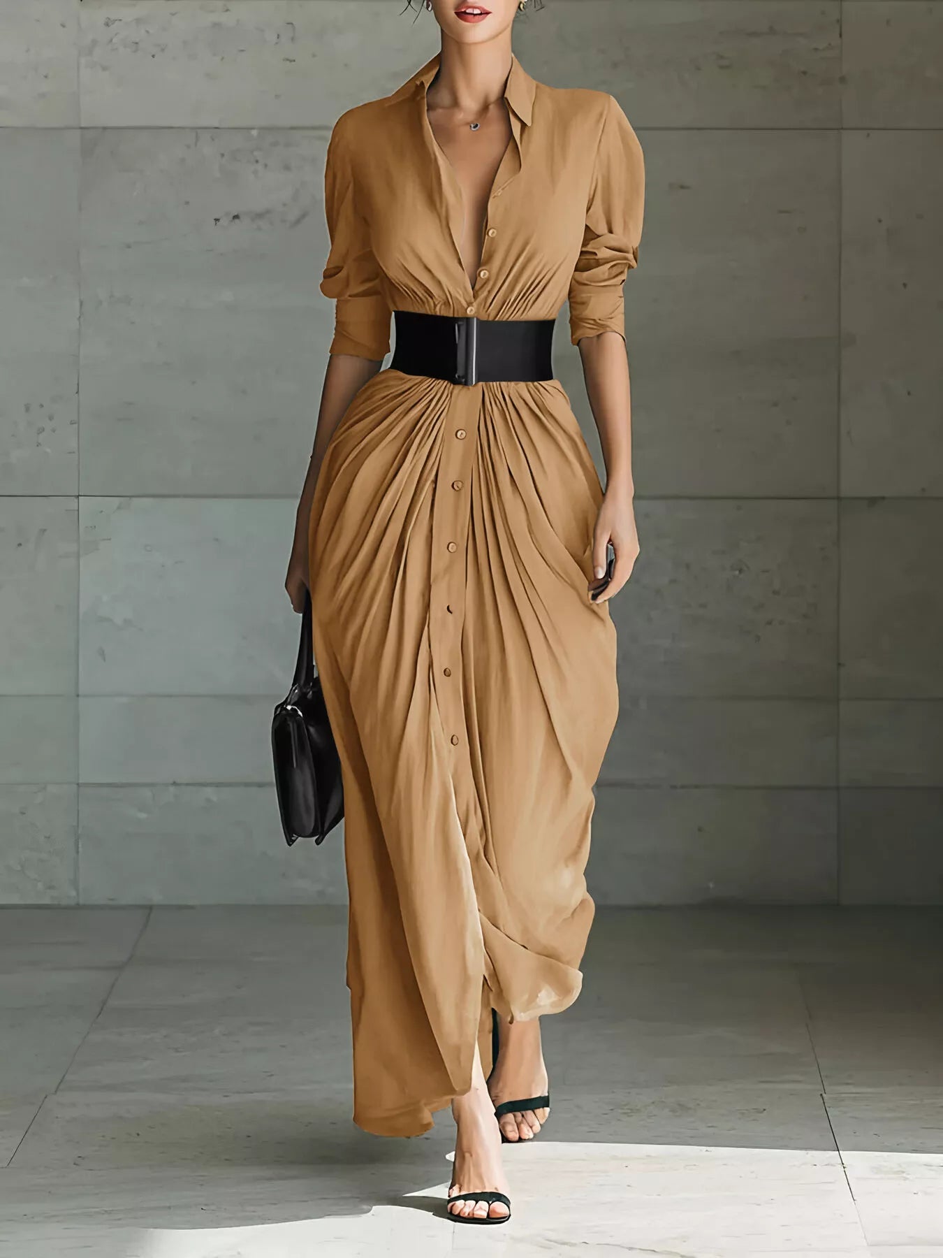 Full Size Button Front Ruched Shirt Maxi Dress
