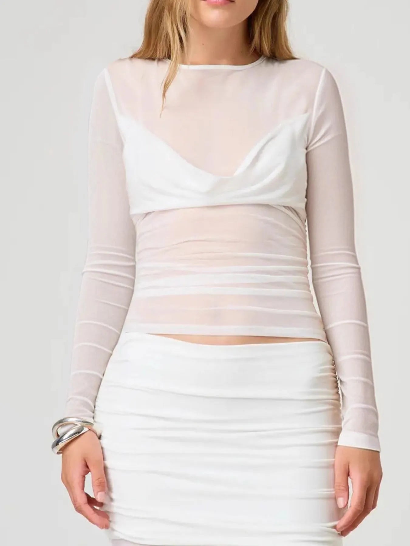 Ruched Mesh Long Sleeve Top