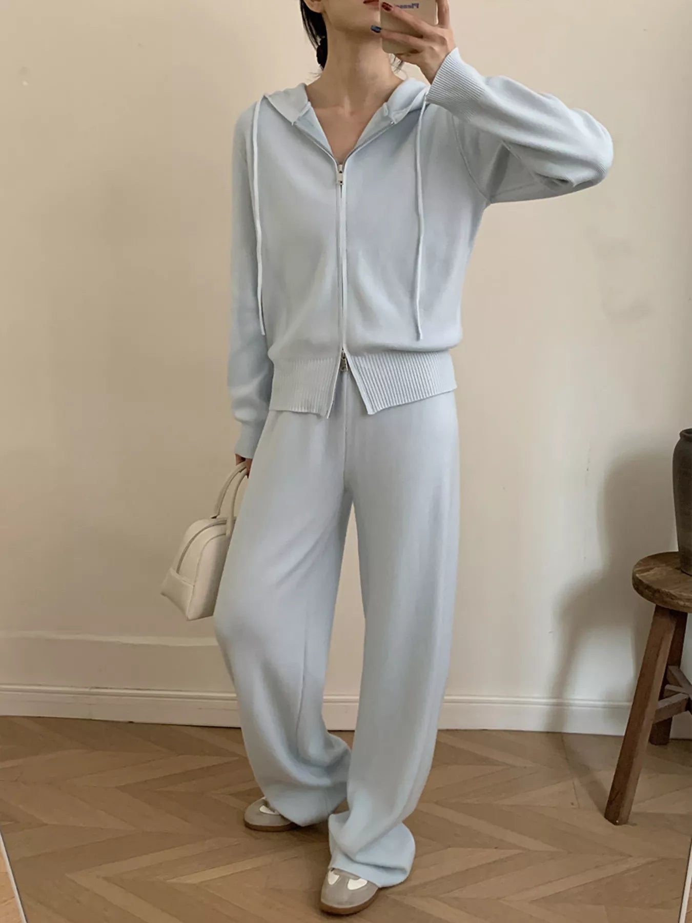 Zip Up Cardigan and Drawstring Wide Leg Pants