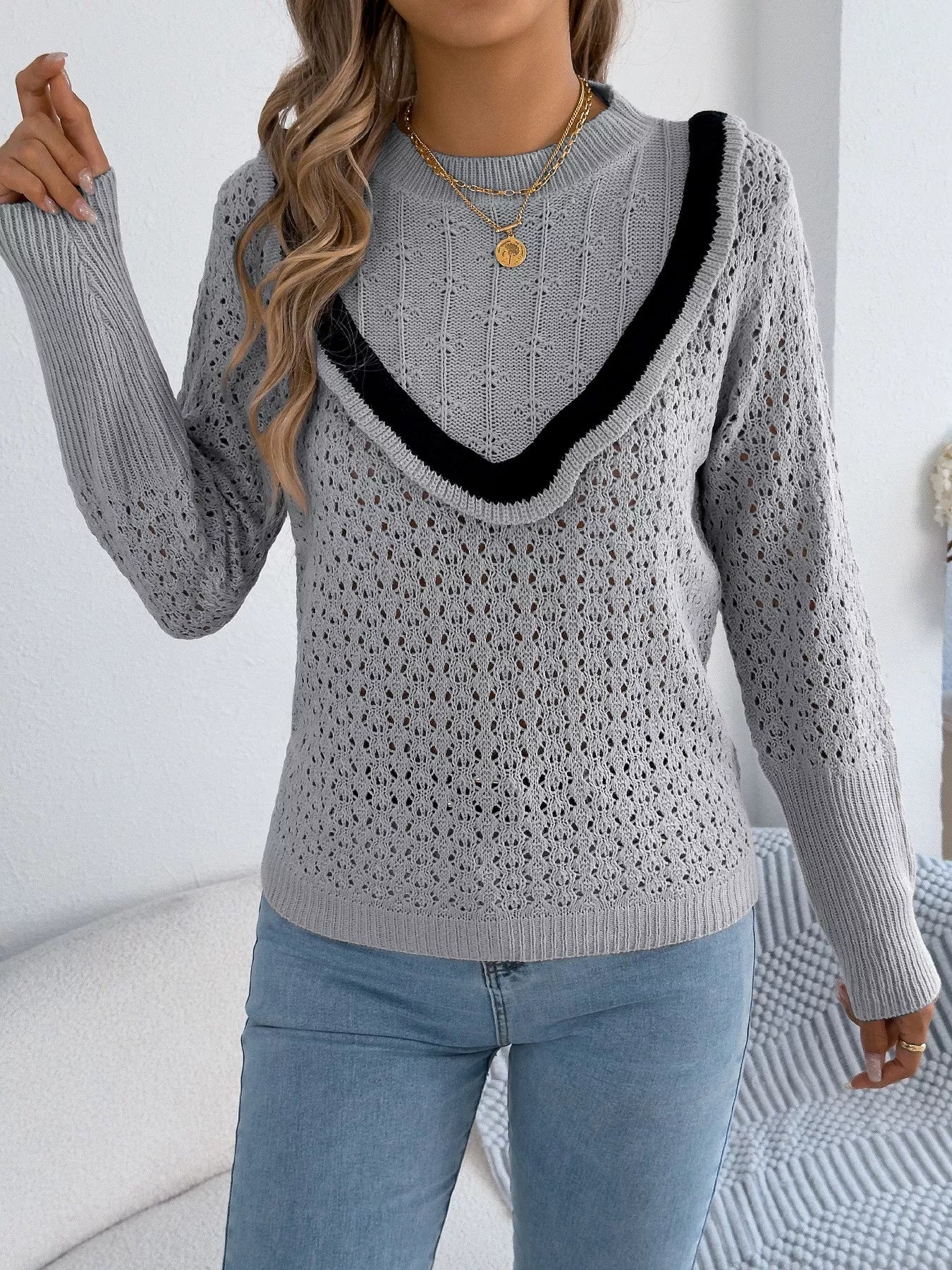 Hollow-Out Knit Top with Contrast Trim