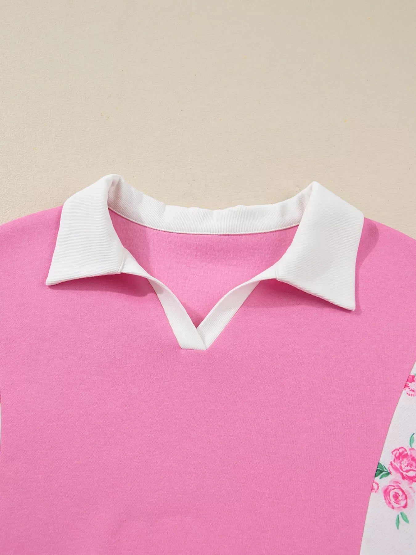 Plus Size Contrast Polo Collar Floral Patchwork Elastic