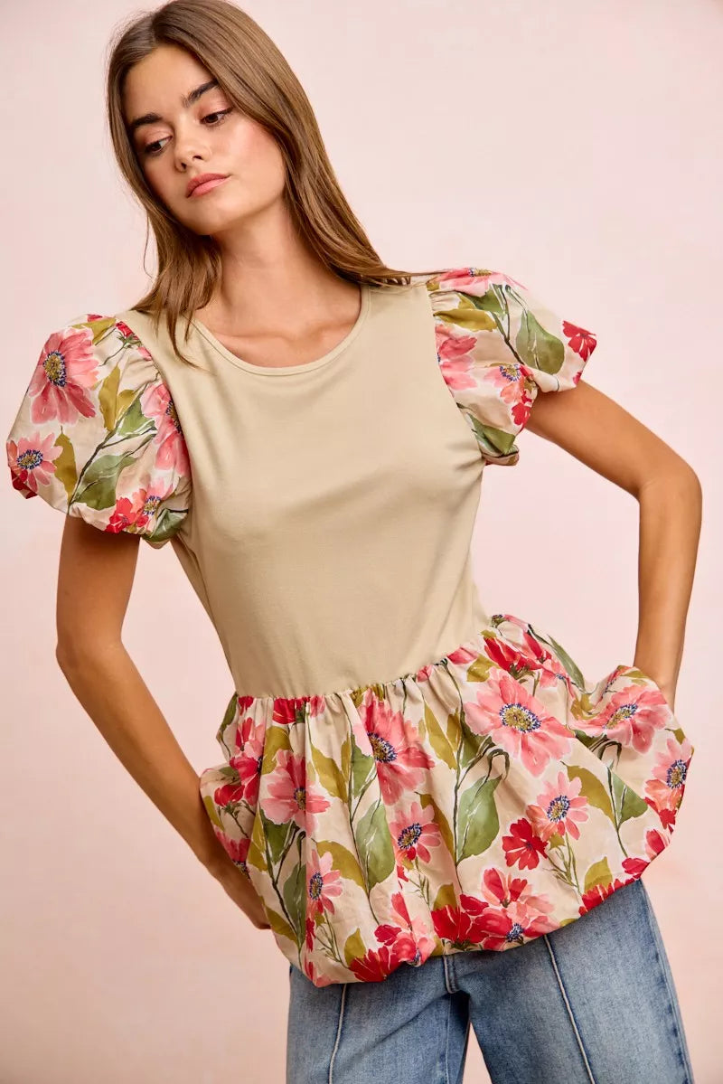 BiBi Floral Printed Bubble Sleeves and Hem Peplum